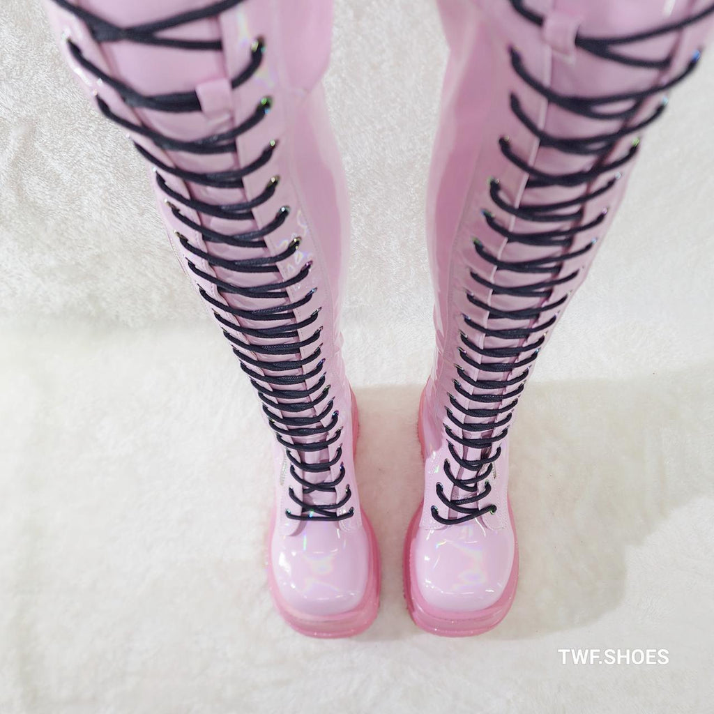 Shaker 374 Pink Patent Platform 4.5" Wedge Heel Over The Knee Boots NY DEMONIA - Totally Wicked Footwear