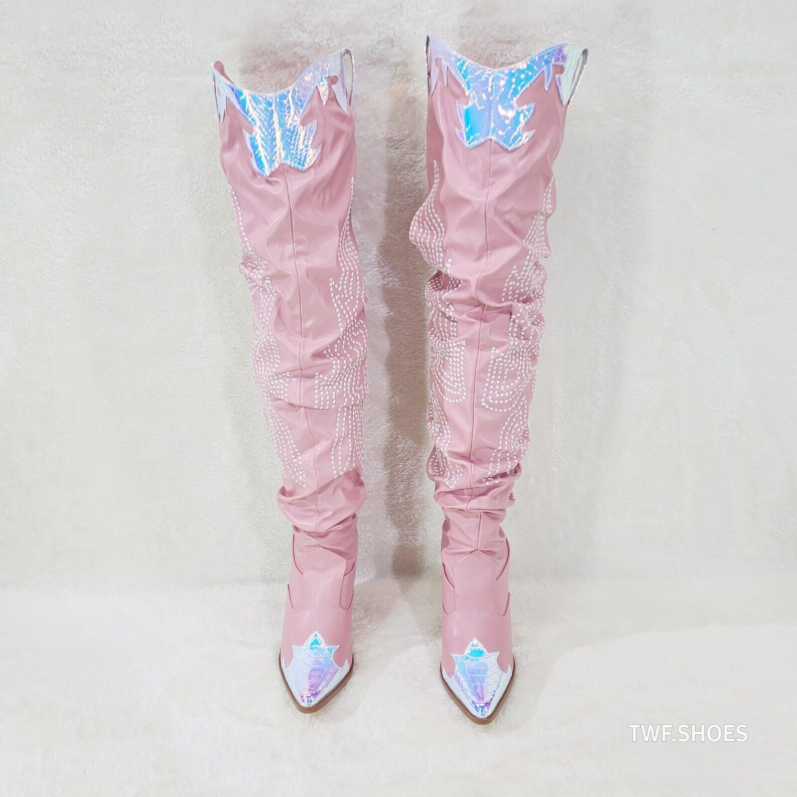 Iconic Country Western Thigh high Cowgirl Boots Baby Pink Hologram Trim - Totally Wicked Footwear