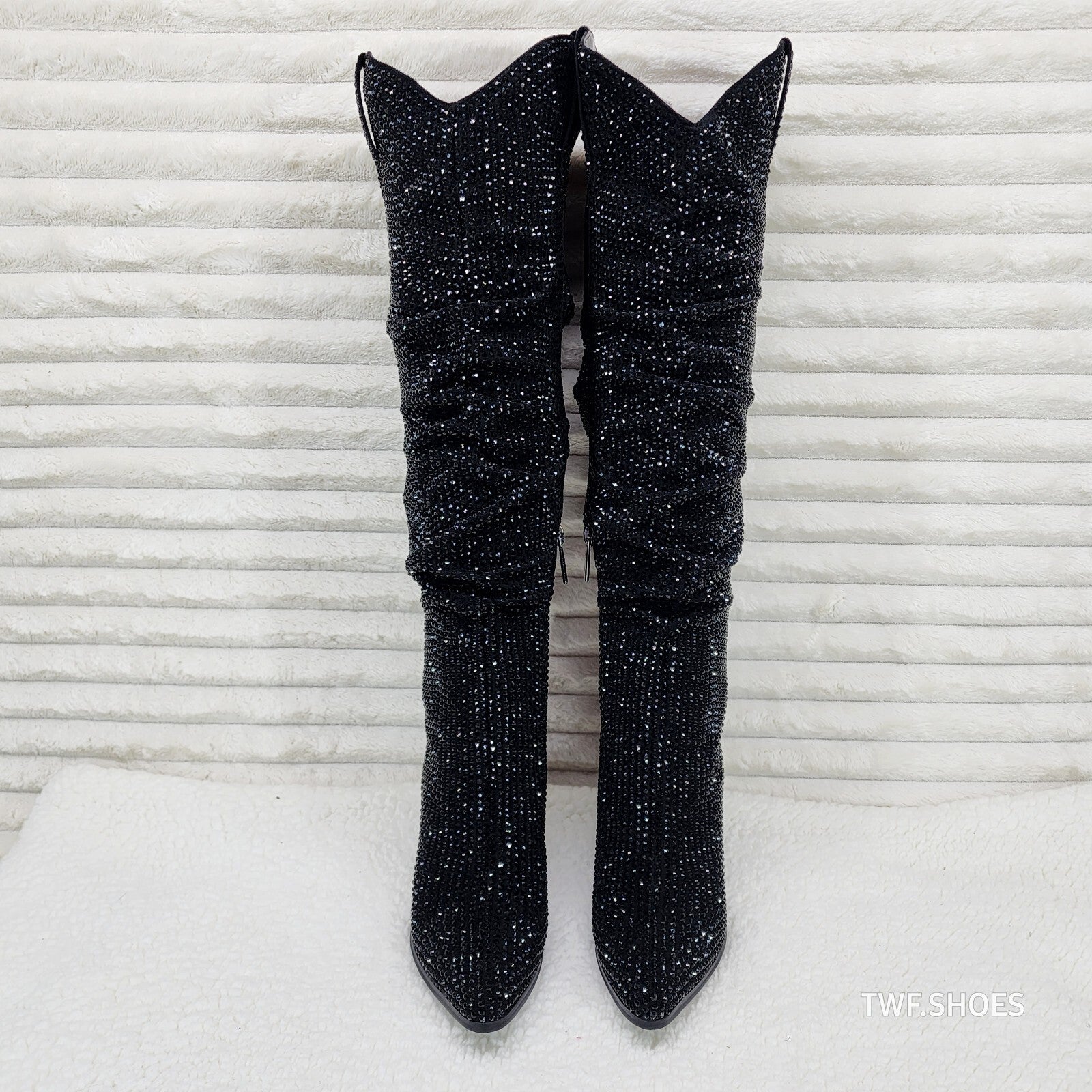 Cape Robbin Diamond Rider Black Rhinestone  Western Slouch Draped Knee Boots