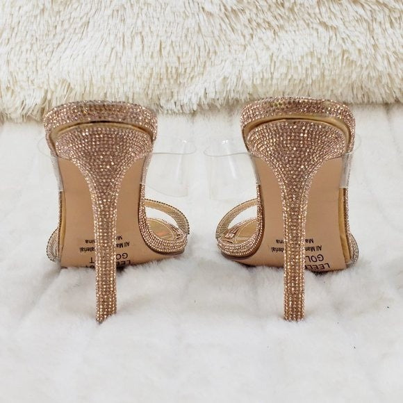 Lee Gold Rhinestone Slip On Double Strap High Heel Clog Mule Shoes