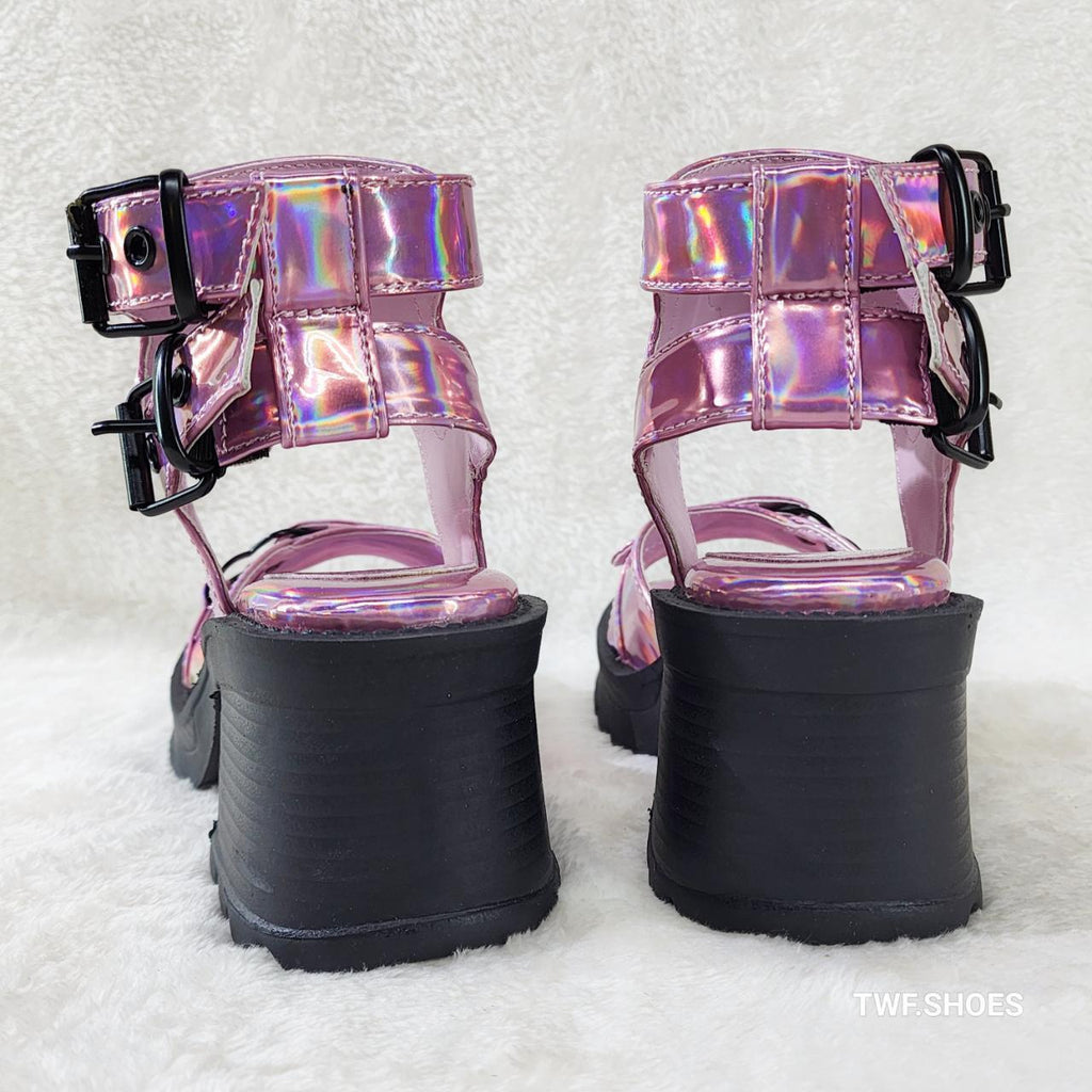 Bratty Pink Hologram Block Heel Goth Punk Platform Sandals In House NY DEMONIA - Totally Wicked Footwear