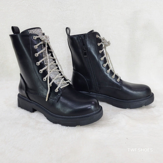 Rylee Black Combat Ankle Boots Iridescent Rhinestone Tongue & Rope Laces - Totally Wicked Footwear