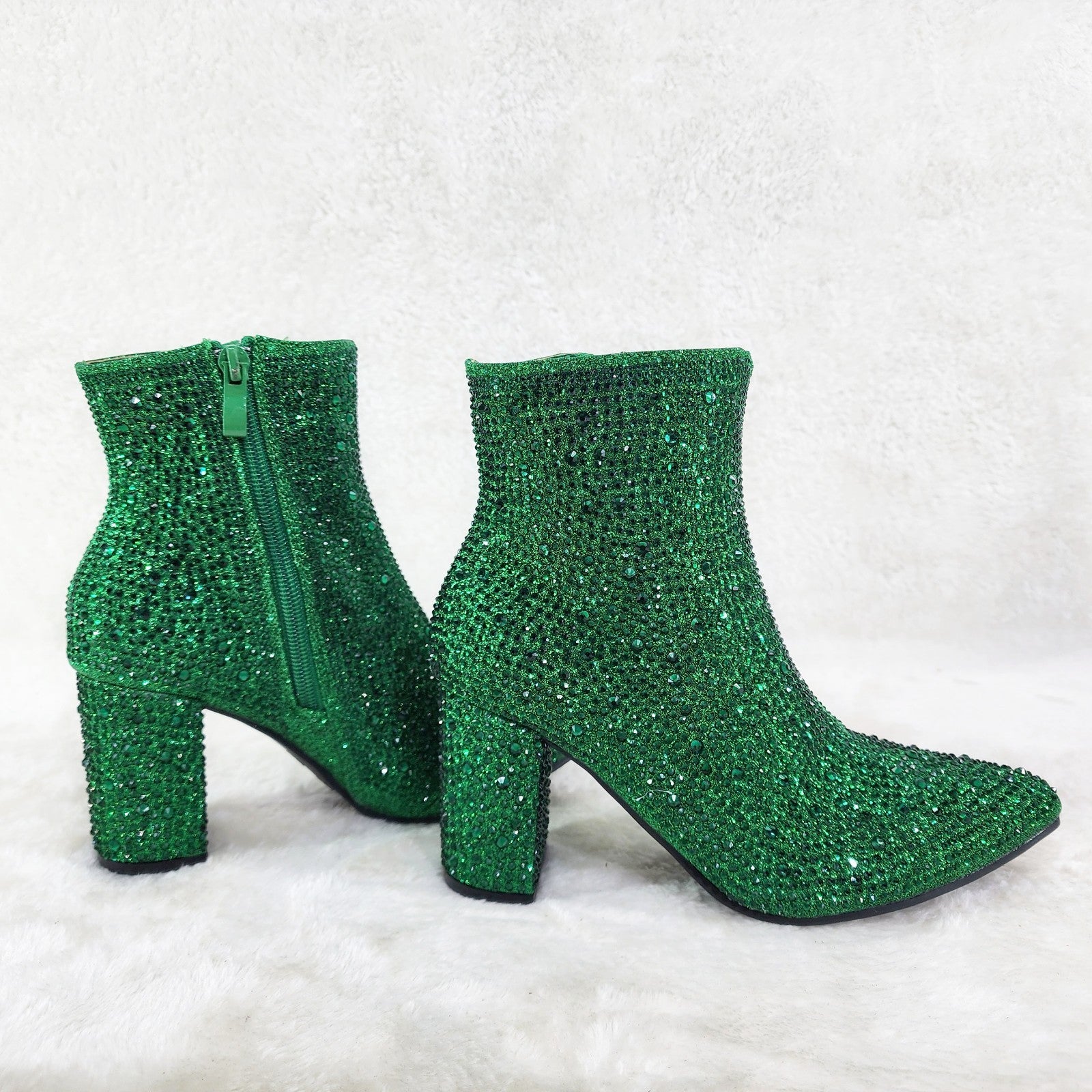 Crystel Emerald Green Rhinestone Block Heel Ankle Boots