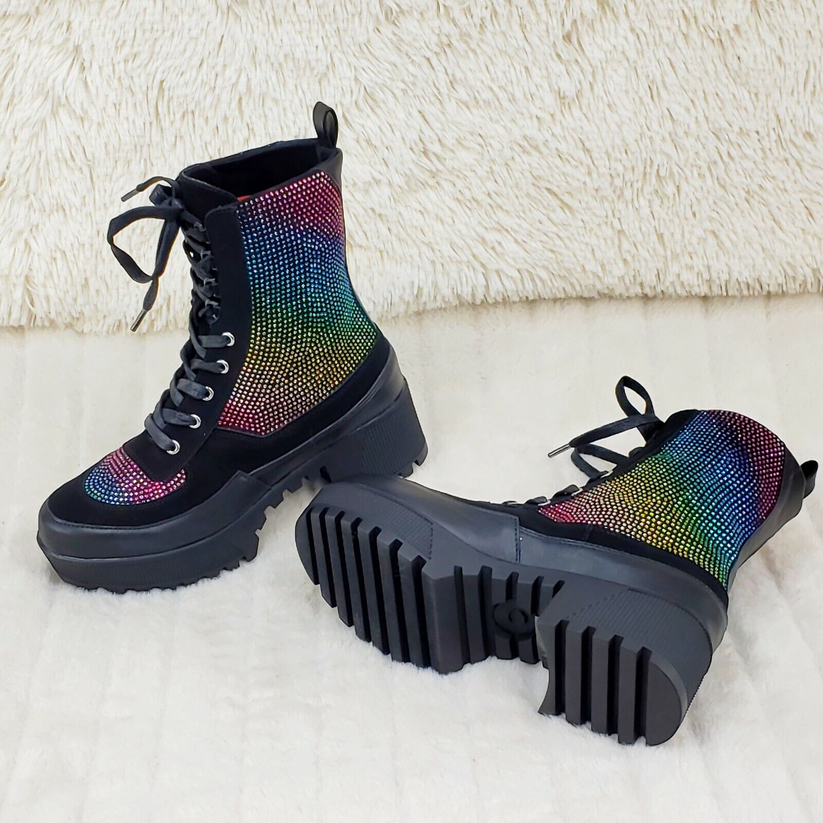 Queen Pin 2 Rainbow Rhinestone Lace Up Platform Combat Ankle Boots Restocked - Totally Wicked Footwear