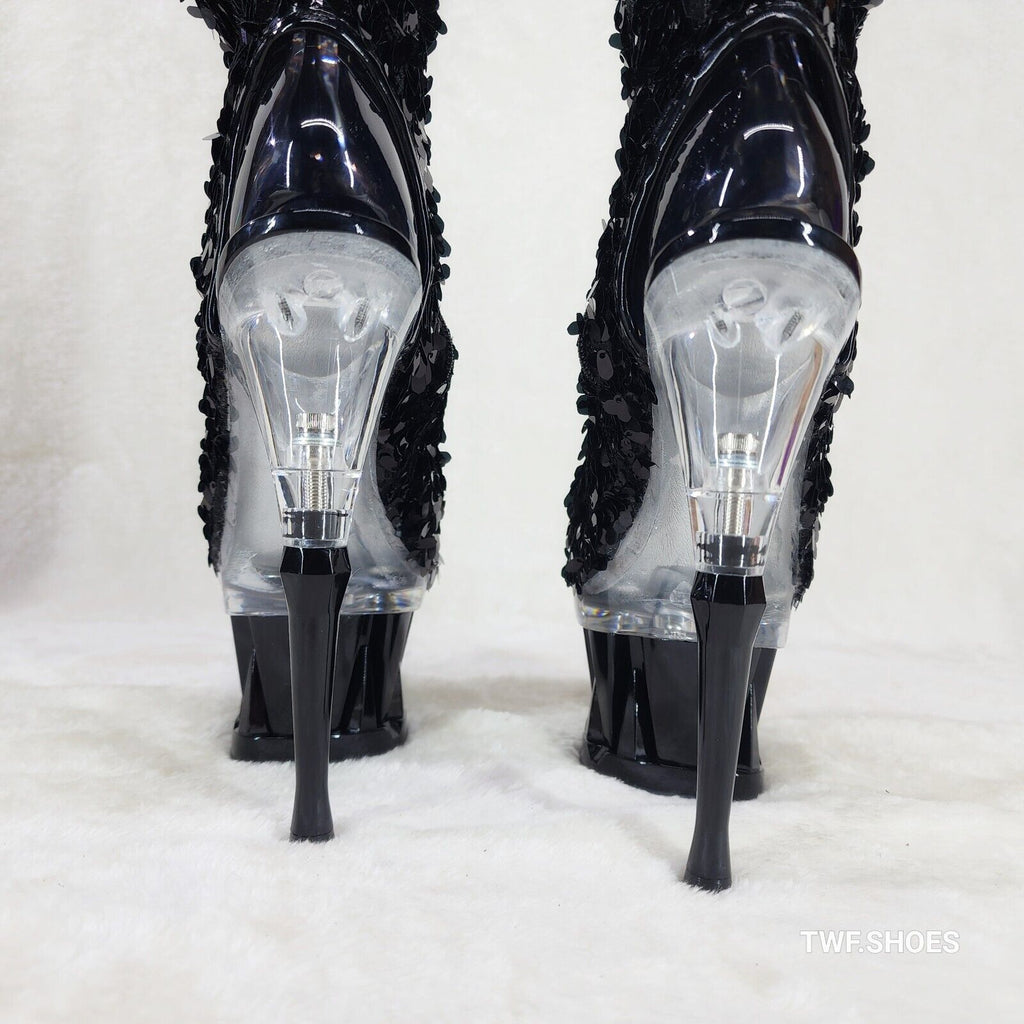 Pleaser Spiky Black Sequin Knee Boots Spiked Design Platform