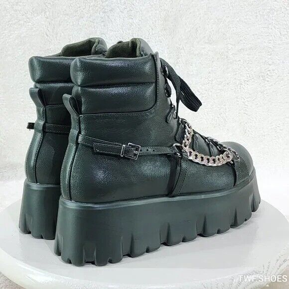 Emo Stomp 2" Platform Stomper Ankle Boots With Chain Design Faux Leather Green