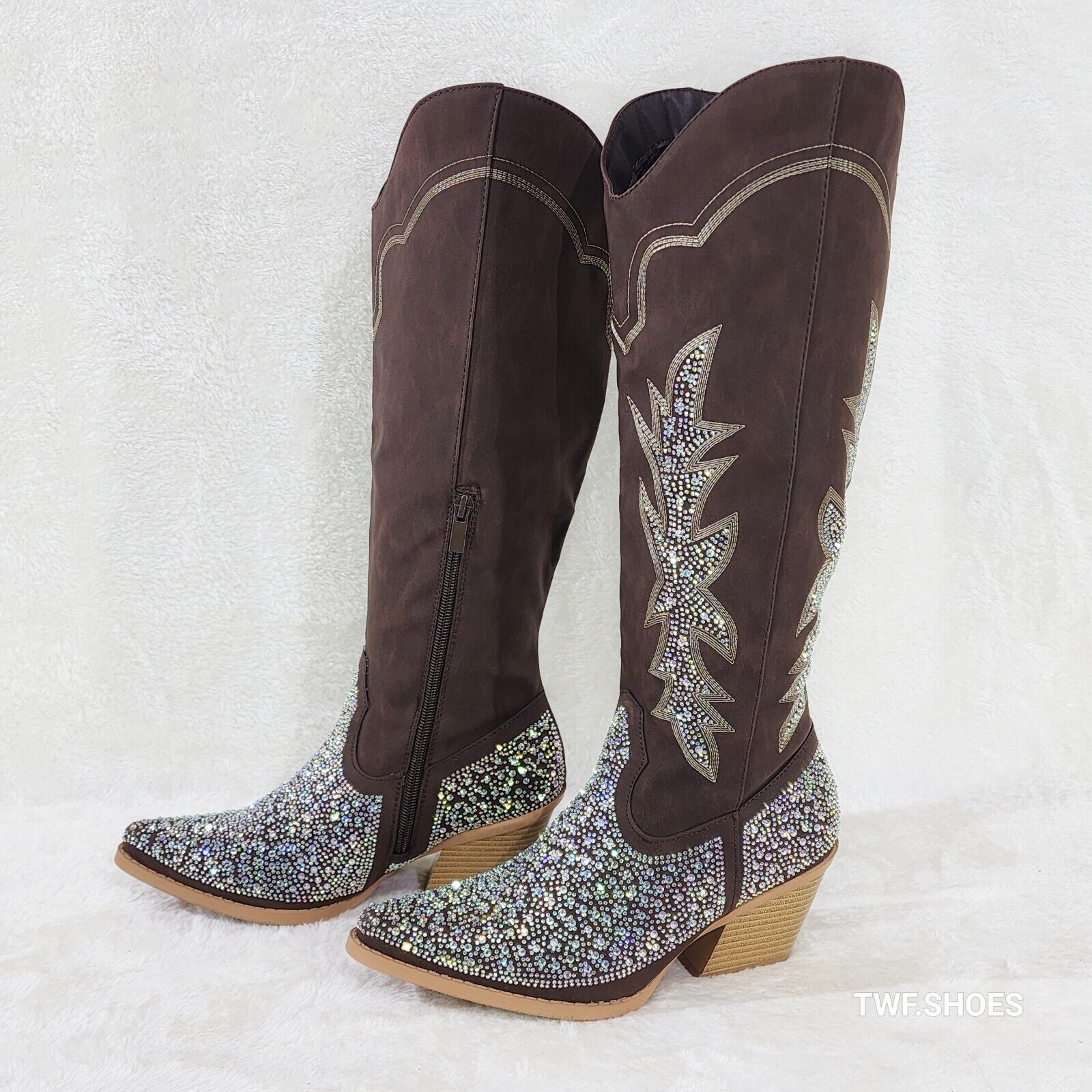 Annie Brown Leatherette With Rhinestones Country Glam Western Cowgirl Knee Boots - Totally Wicked Footwear