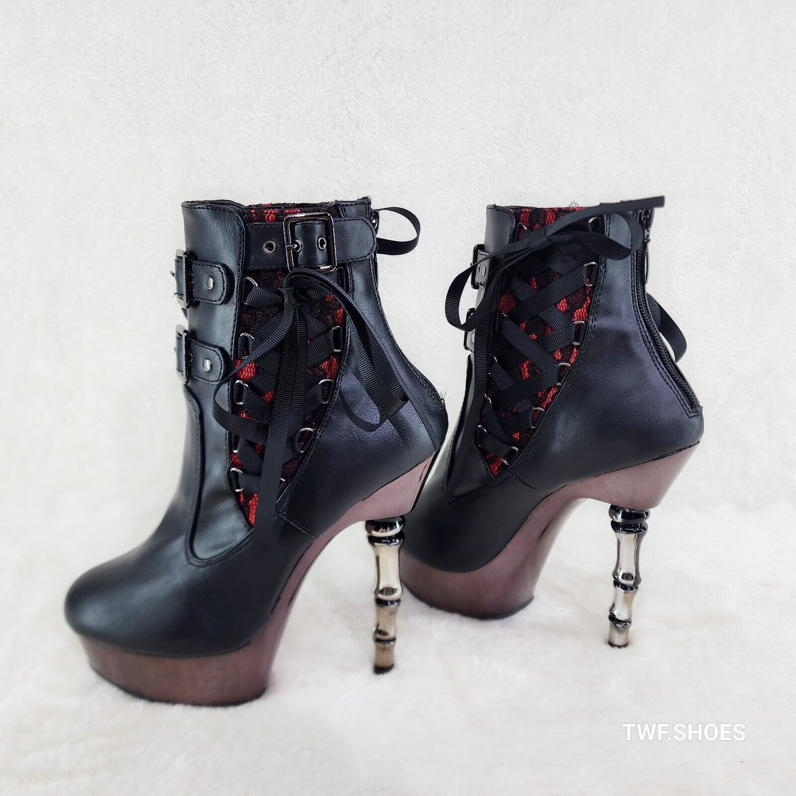 Muerto 1033 Red Lace Panel Finger Bone High Heel Platform Ankle Boots In House - Totally Wicked Footwear