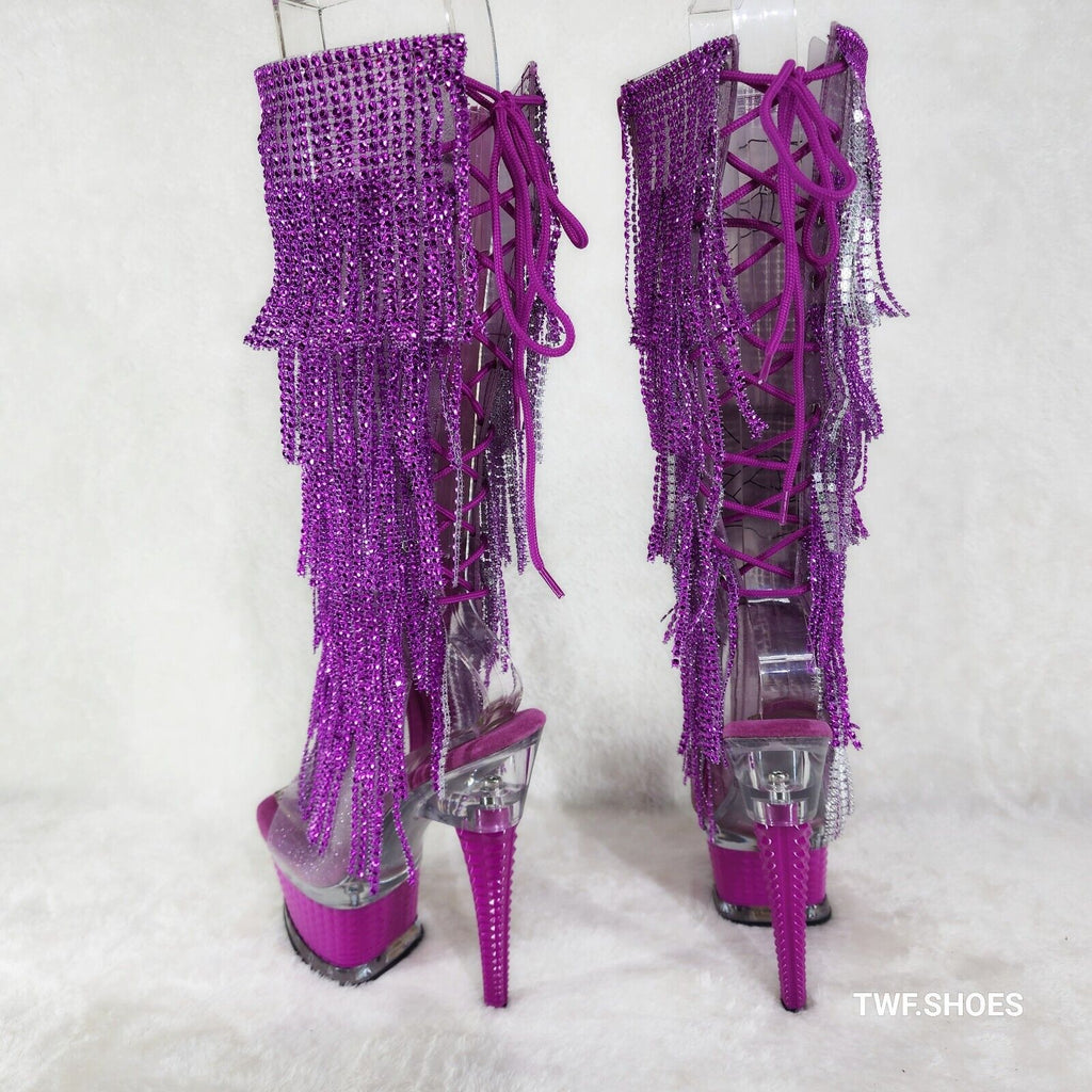 Illusion Fuchsia Pink Textured Platform Fringe High Heel Open Toe Knee Boots