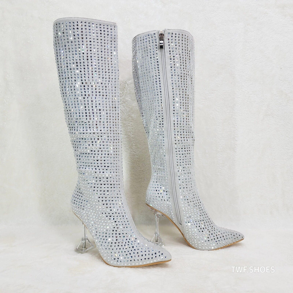 Glamour Shot Mirrored Rhinestone 4" Pyramid Heel Knee Boots Silver Gray - Totally Wicked Footwear