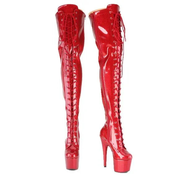 3020 Red Glitter Patent 3020 Lace Up Thigh High Platform Boots Adore 7" Heels - Totally Wicked Footwear