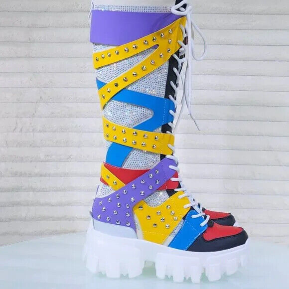 Wang Limited Multi Color White Platform Sneaker Knee Boots Hidden Wedge Heels - Totally Wicked Footwear