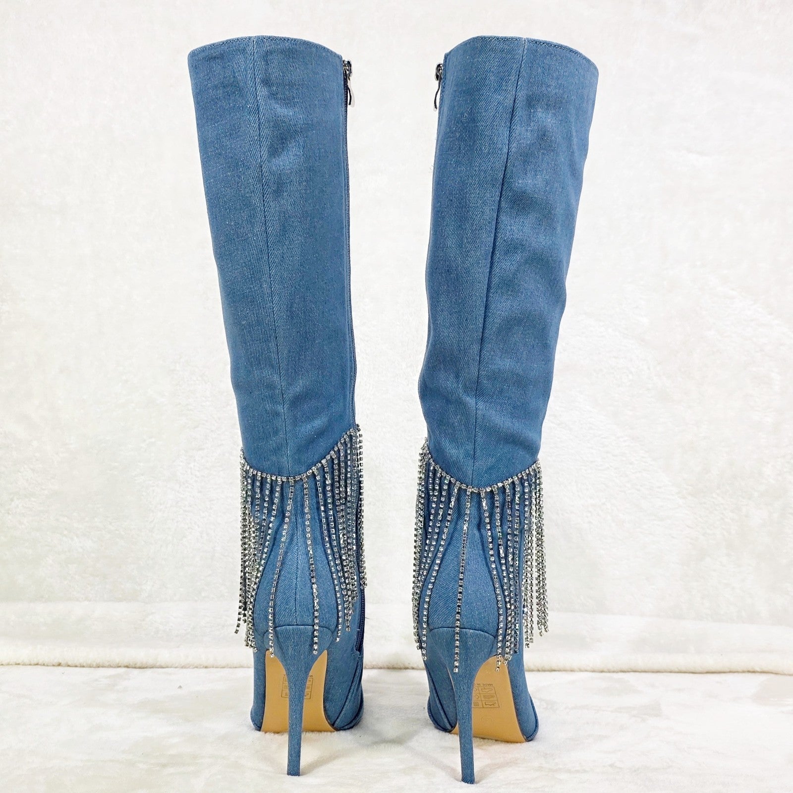 Sway Denim Knee High Boots Stiletto Heels Icicle Fringe