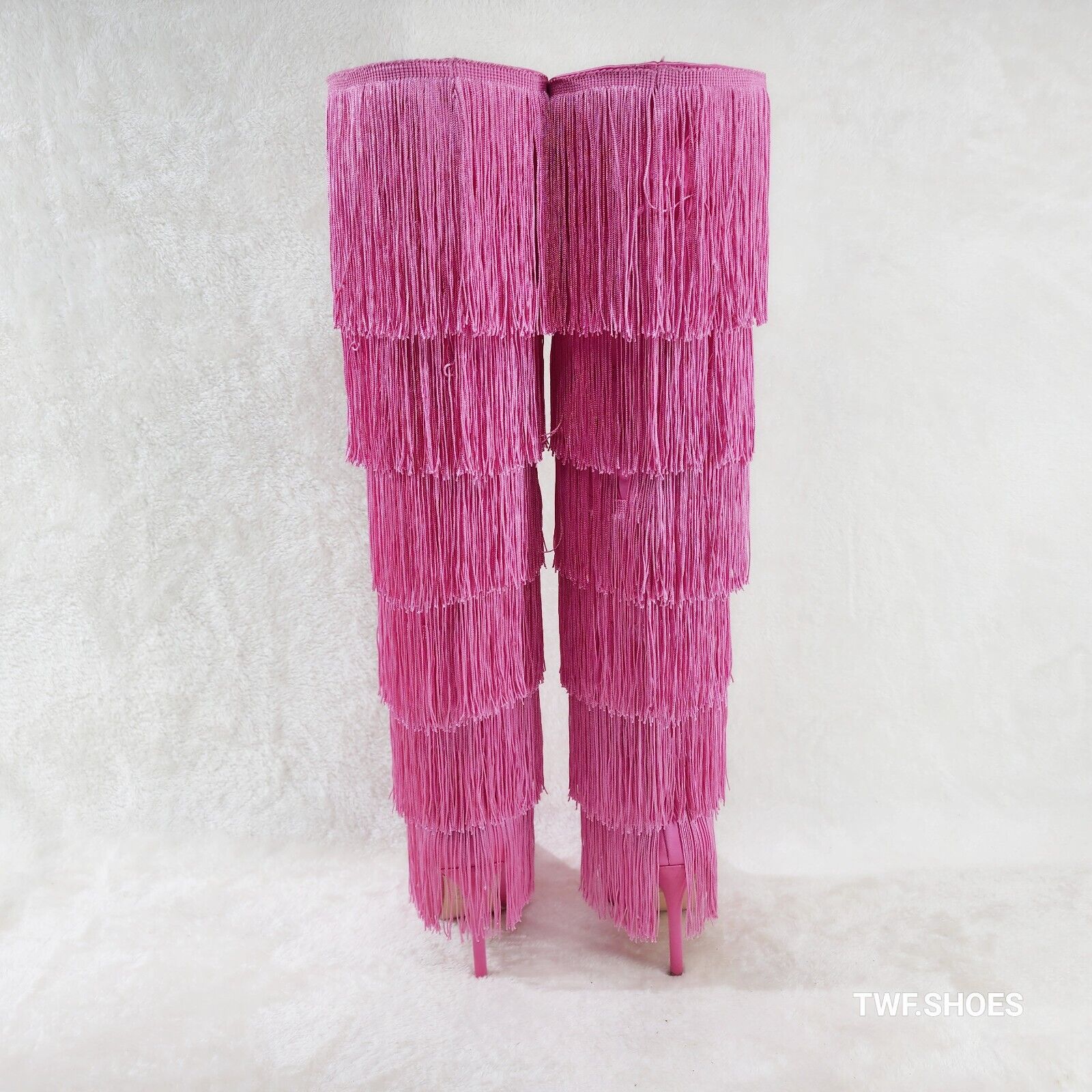 Gogo Fringed Thread Tassle OTK Thigh High Pink Satin High Heel Boots - Totally Wicked Footwear