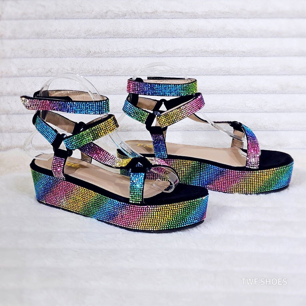 Pazzle Black 2" Platform Harness Strap Sparkling Rainbow Rhinestone Sandals - Totally Wicked Footwear