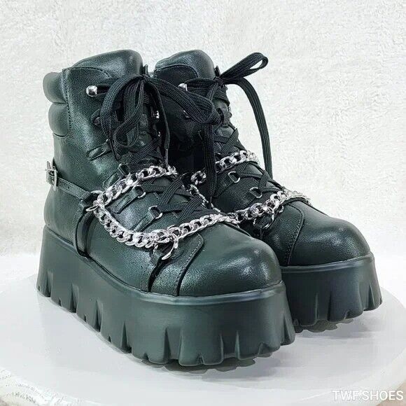 Emo Stomp 2" Platform Stomper Ankle Boots With Chain Design Faux Leather Green