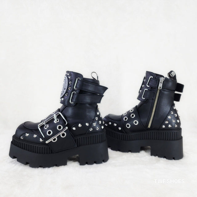 Wicked Wrath 58 Square Toe Goth Lace Up Big Buckle Strap Ankle Boots