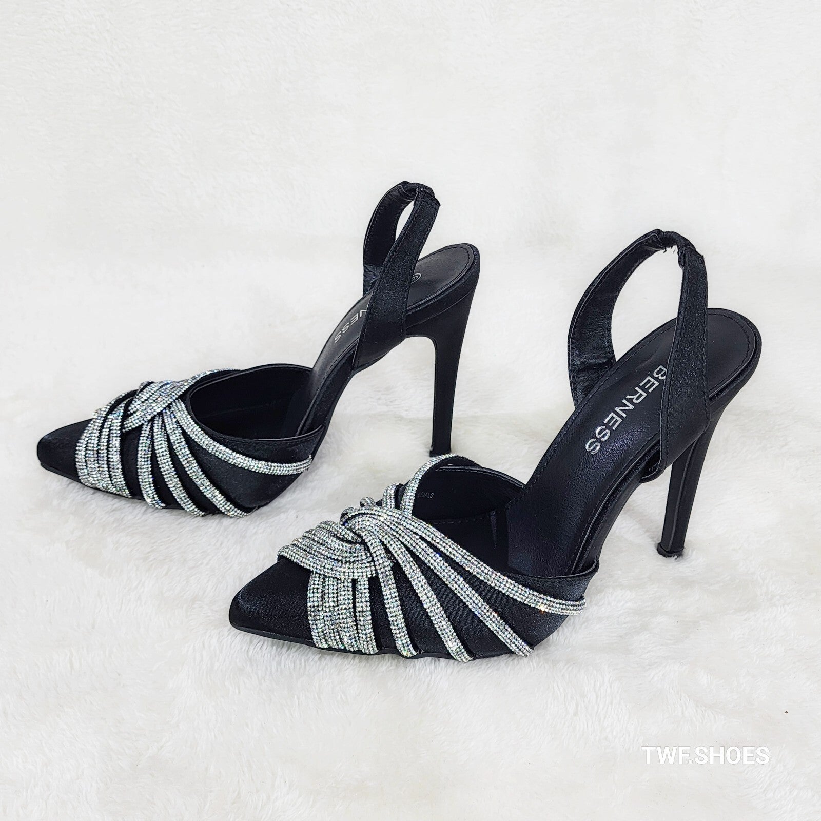 Elegance Slip on Slingback Black Satin Rhinestone Pointy Toe High Heels Shoes