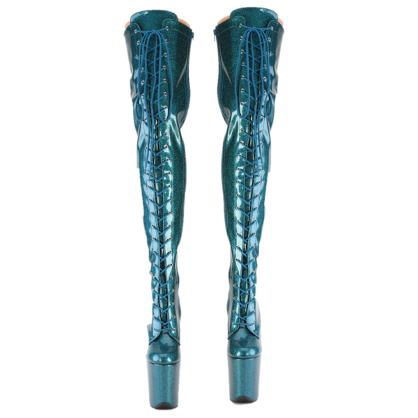3020 Teal Glitter Patent 3020 Lace Up Thigh High Platform Boots Flamingo 8" Heel - Totally Wicked Footwear