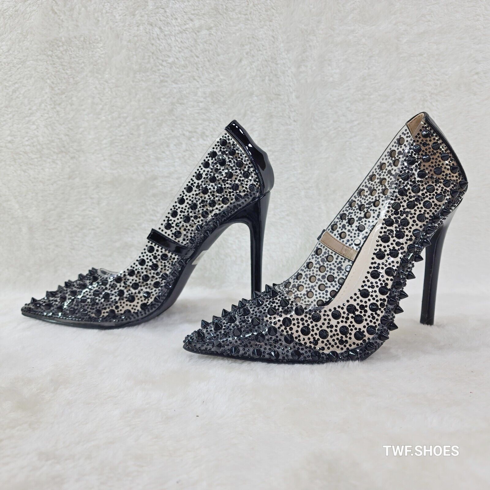 Spicy Stiletto PVC Clear Pumps Black Studs & Rhinestone Pumps Stiletto Heels - Totally Wicked Footwear
