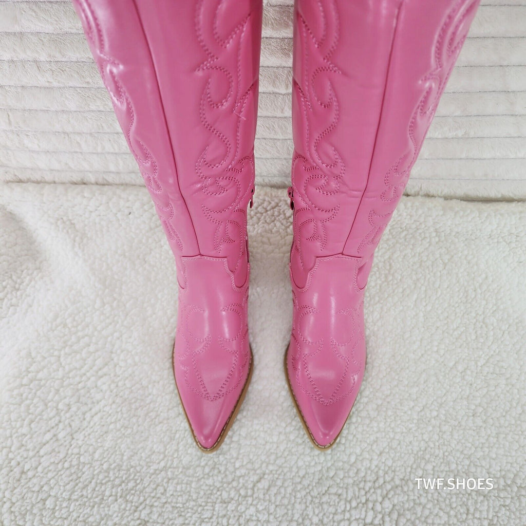 Dalton Barbi Pink Knee High Western Cowgirl Boots Wood Block Heels - Totally Wicked Footwear