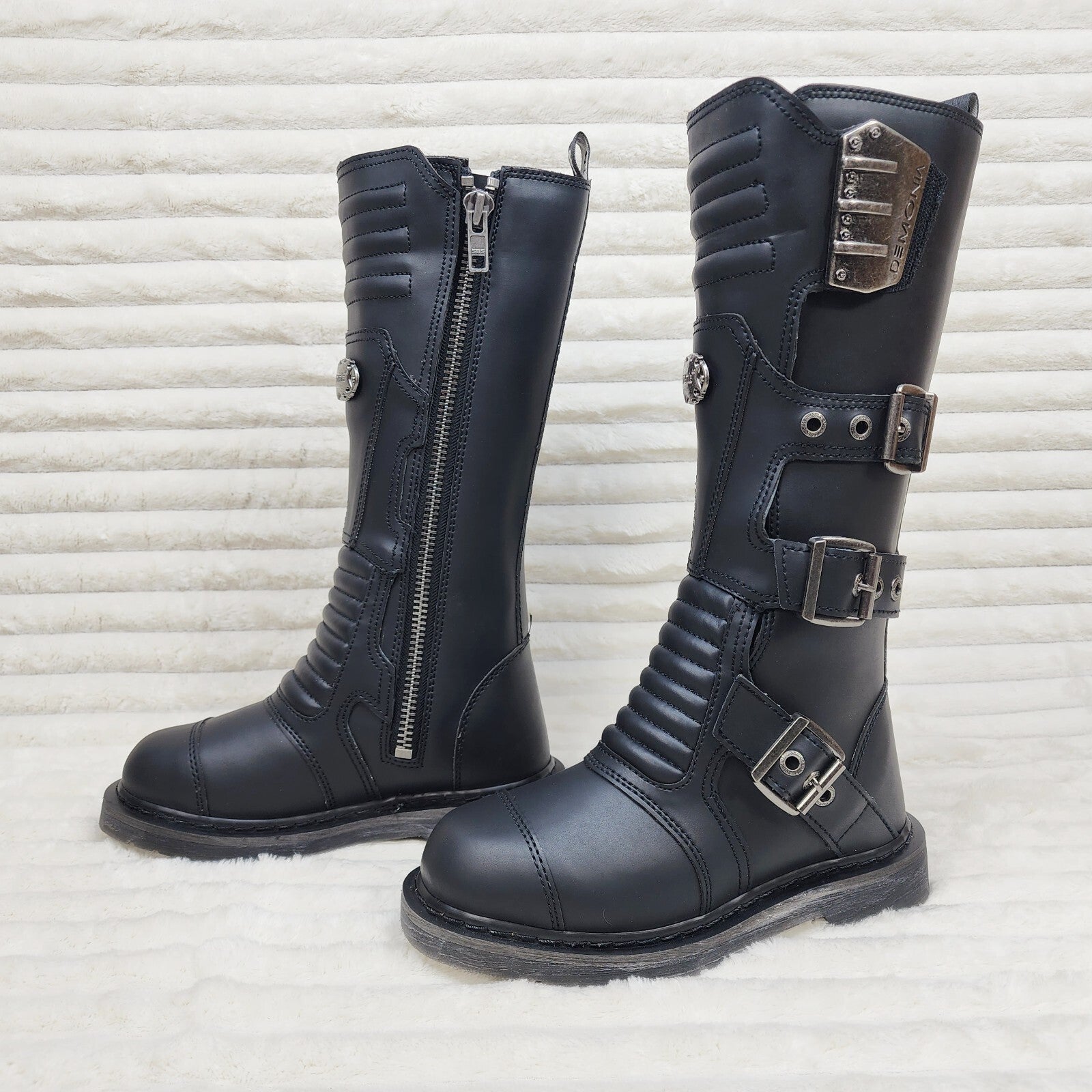 DEMONIA Bolt 405 Goth Combat Biker Knee Boots Black Matte Men Sizes