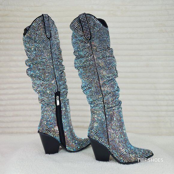 Cape Robbin Diamond Rider Rhinestone Glamour Western Slouch Draped Knee Boots - Totally Wicked Footwear