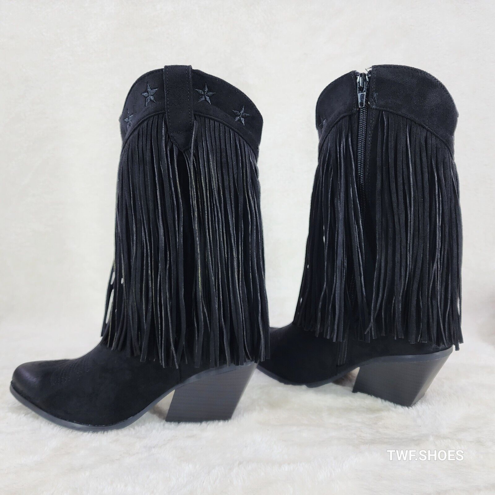 Dusty Trails Mid Calf Jet Black Fringe Country Western Cowgirl Boots - Totally Wicked Footwear