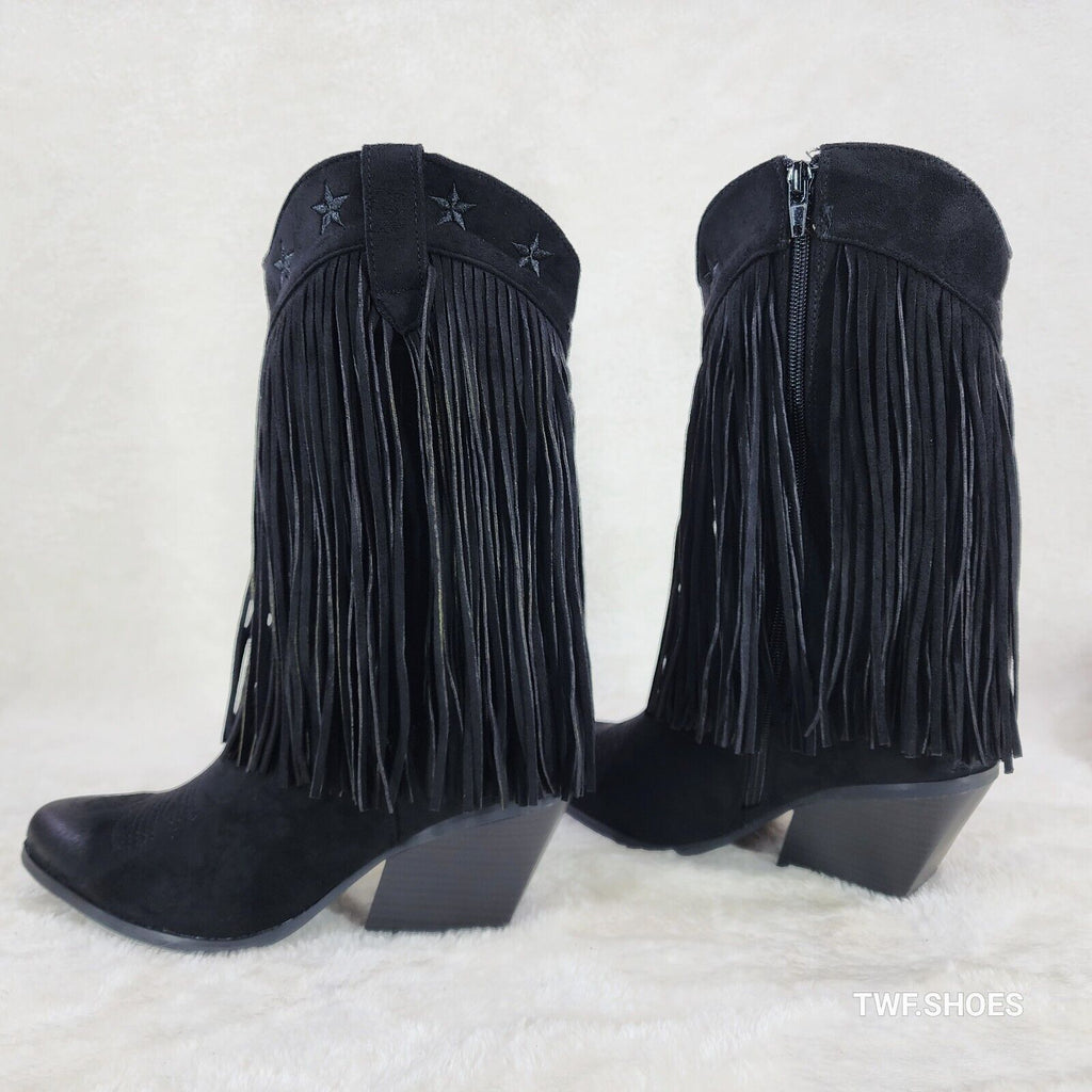 Dusty Trails Mid Calf Jet Black Fringe Country Western Cowgirl Boots - Totally Wicked Footwear