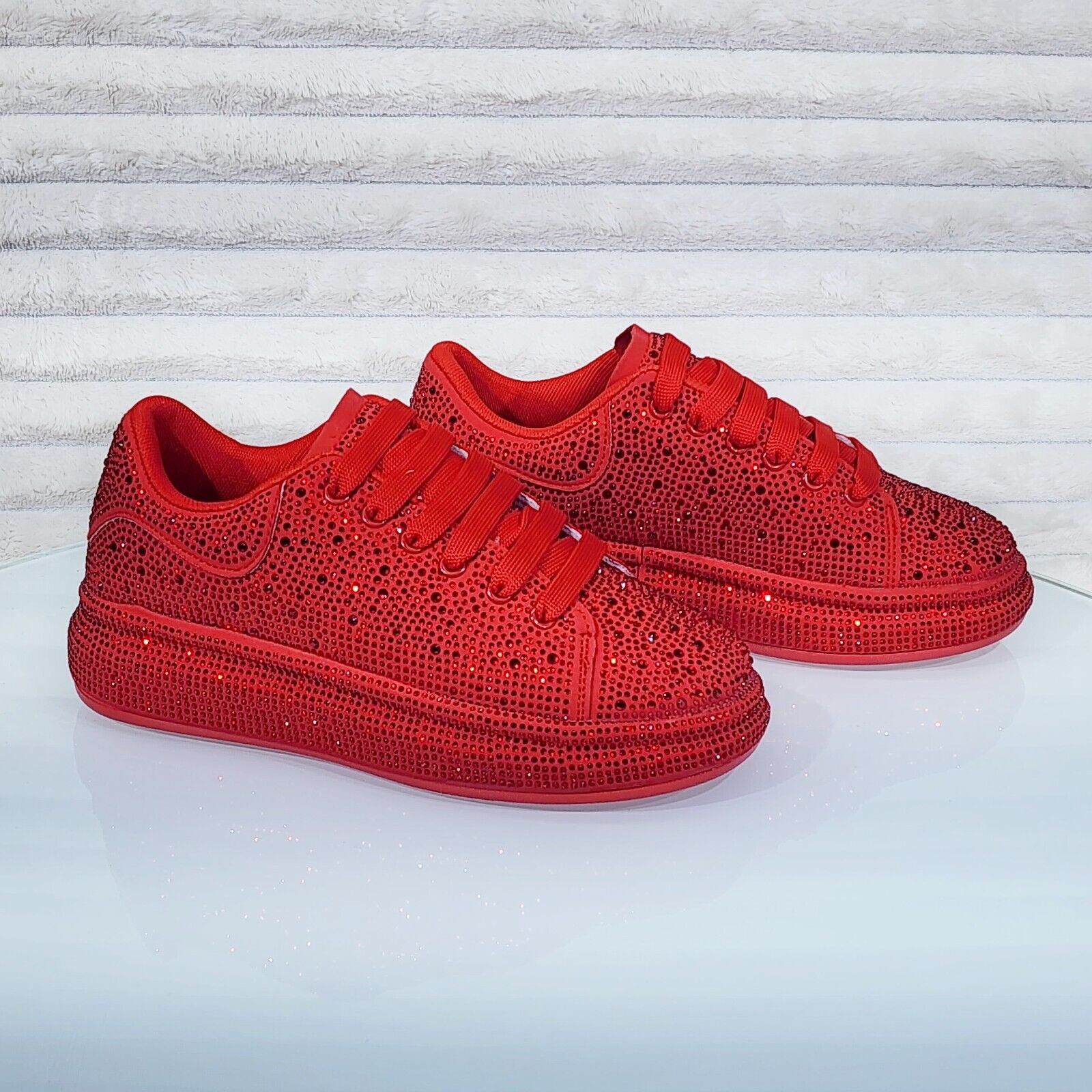 Dazzle Cush Red Rhinestone Comfy Platform Sneakers Tennis Shoes - Totally Wicked Footwear