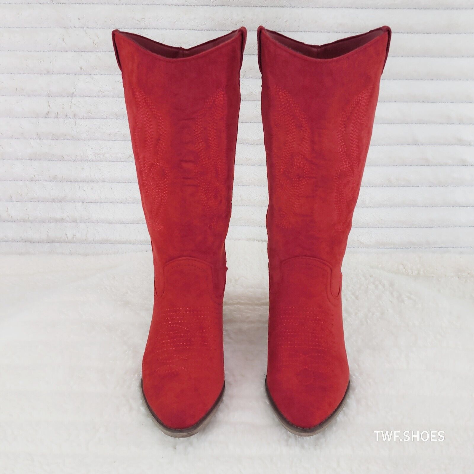 Wild Ones Red Faux Suede Pull On Mid Calf Cowboy Cowgirl Boots - Totally Wicked Footwear