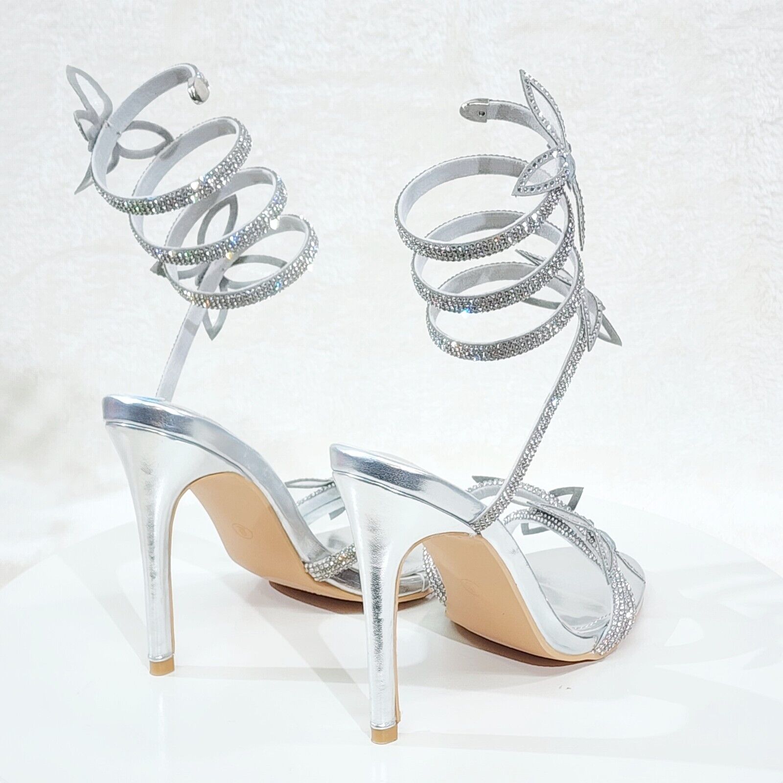 Fly Girl 2 Silver Upper Rhinestone Butterfly Wrap Strap 4" Stiletto High Heels - Totally Wicked Footwear