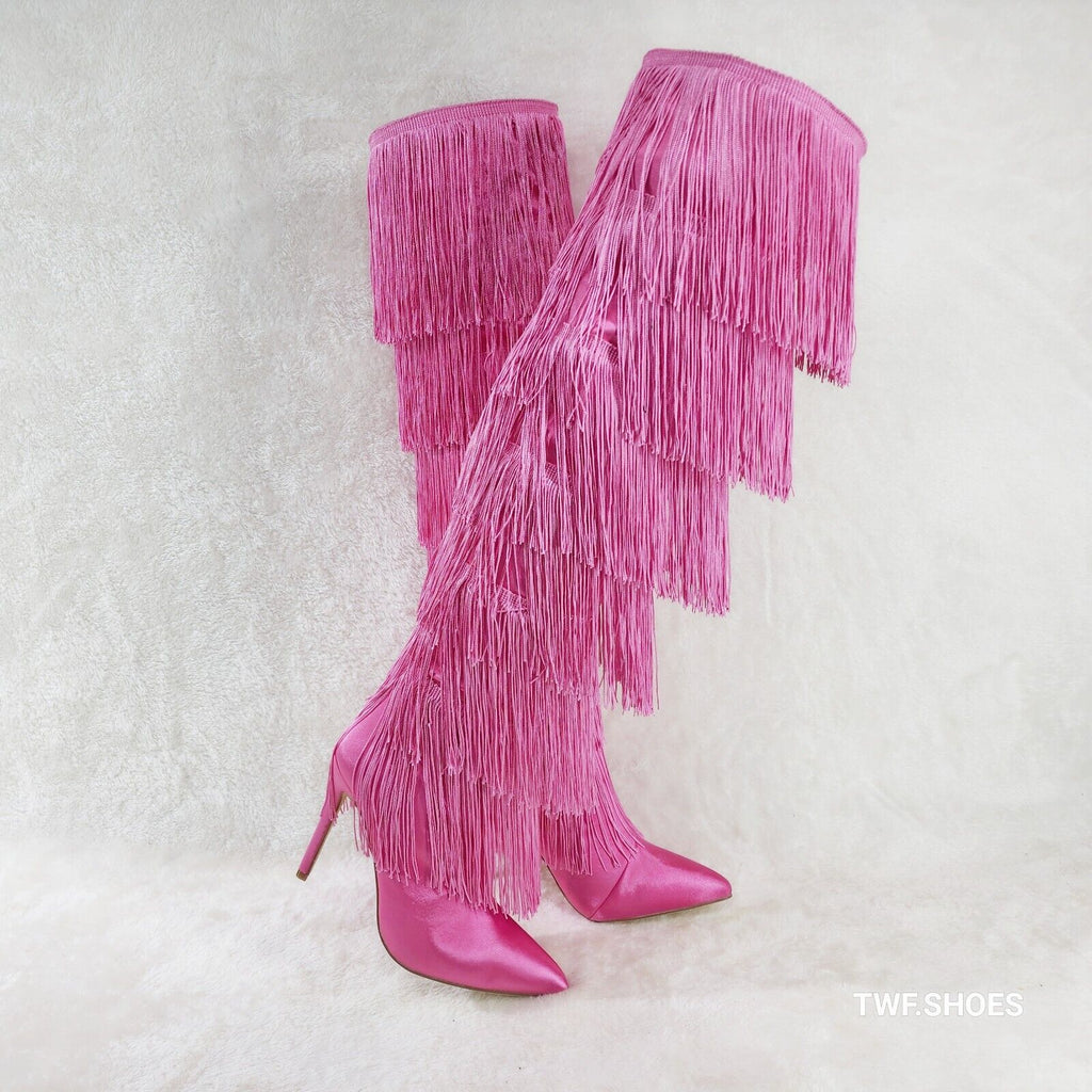 Gogo Fringed Thread Tassle OTK Thigh High Pink Satin High Heel Boots - Totally Wicked Footwear
