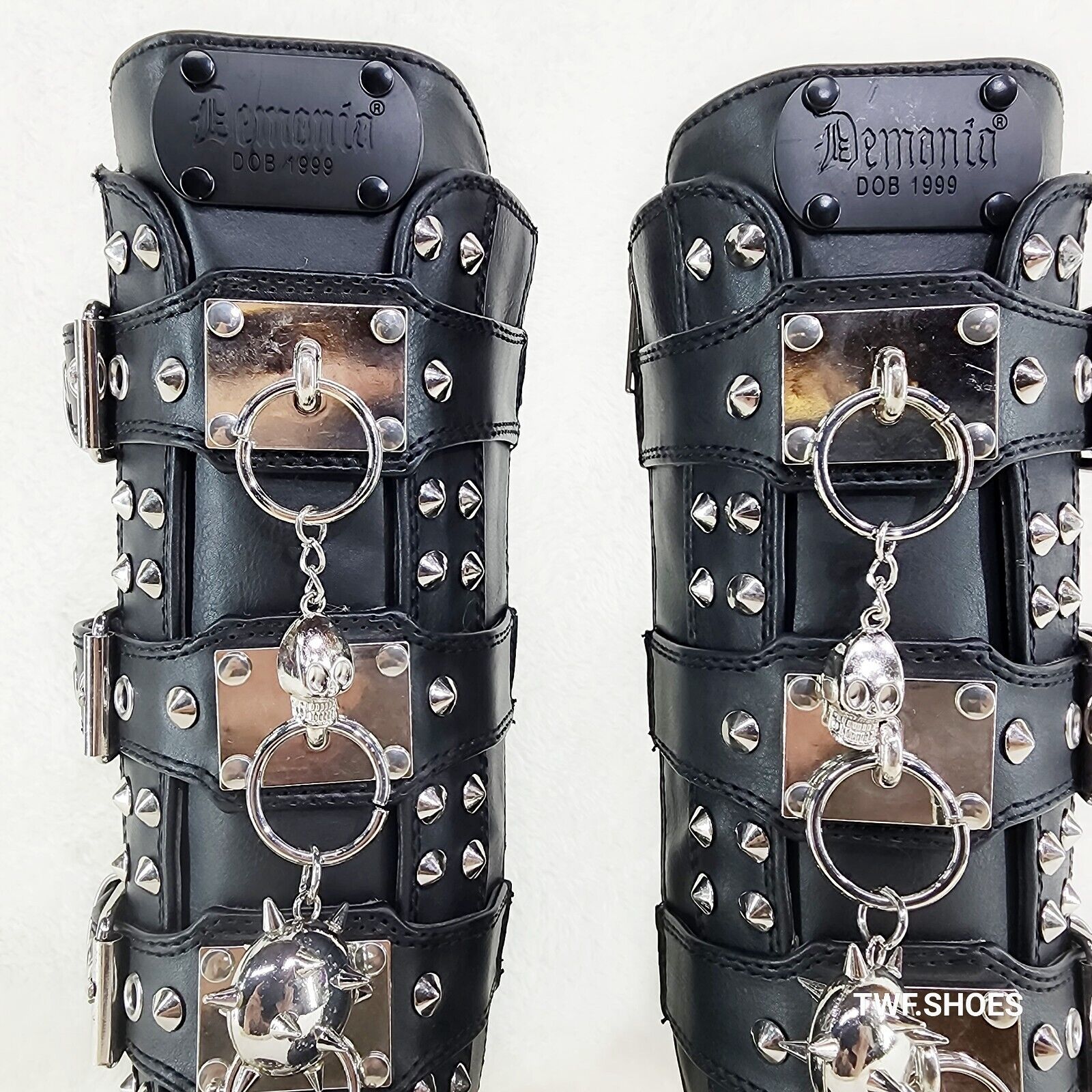 Charade 118 Mace Charms Platform Chunky Heel Goth Mid Calf Boot IN HOUSE DEMONIA - Totally Wicked Footwear
