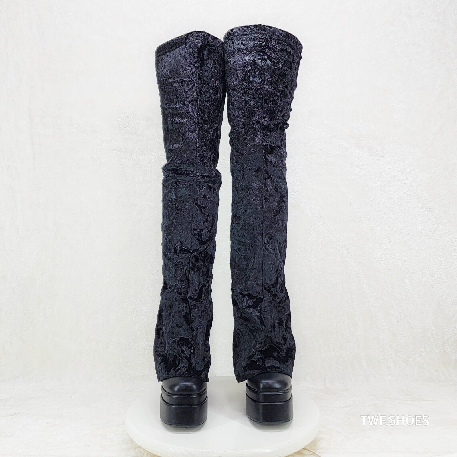 Unique Thigh High Black Velvet Fold over Skirted Chunky Heel Platform Boots - Totally Wicked Footwear