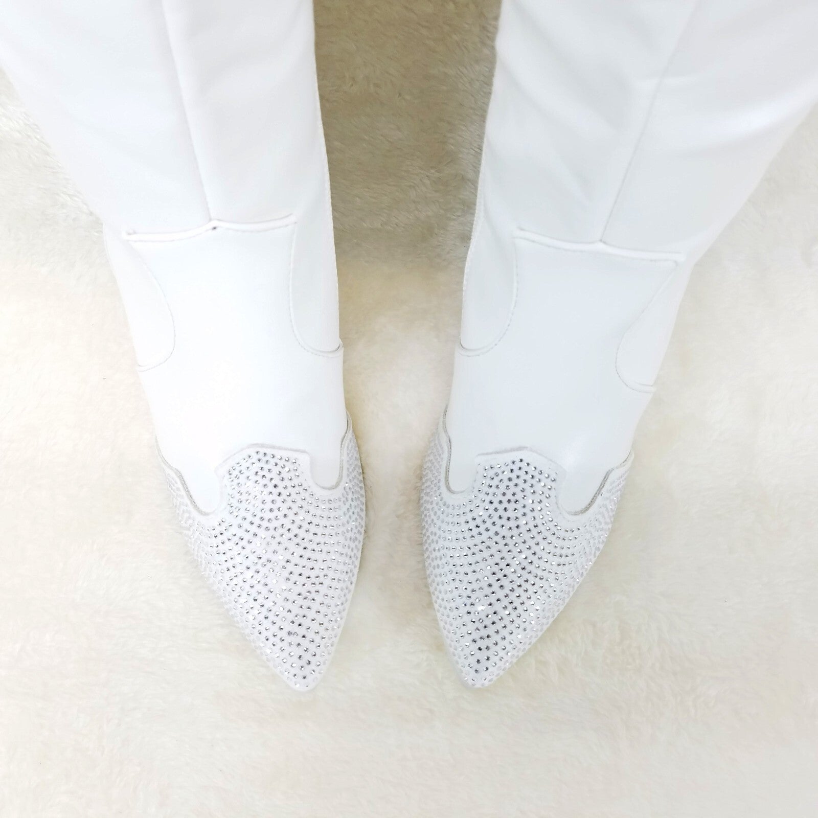 Primal Country Western Sexy White OTK Thigh Boots With Rhinestone Trims