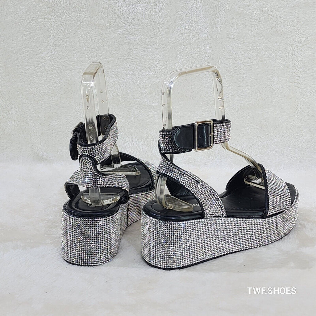 Flashy Black Ankle Strap Sparkling Rhinestone Wedge 2" Platform Sandals Comfy - Totally Wicked Footwear
