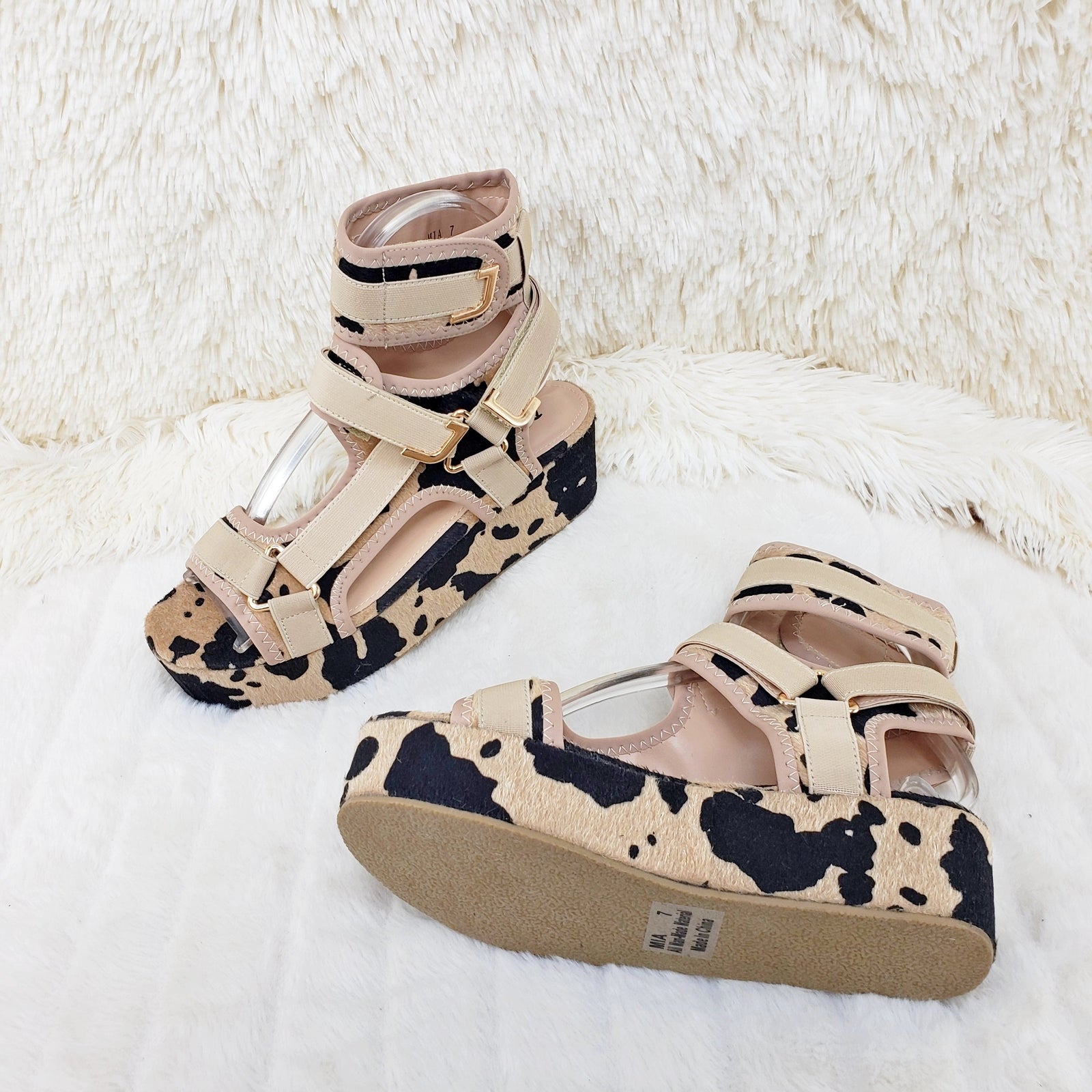 Mia Brown Black Cow 2" Platform Comfy Harness Sandals