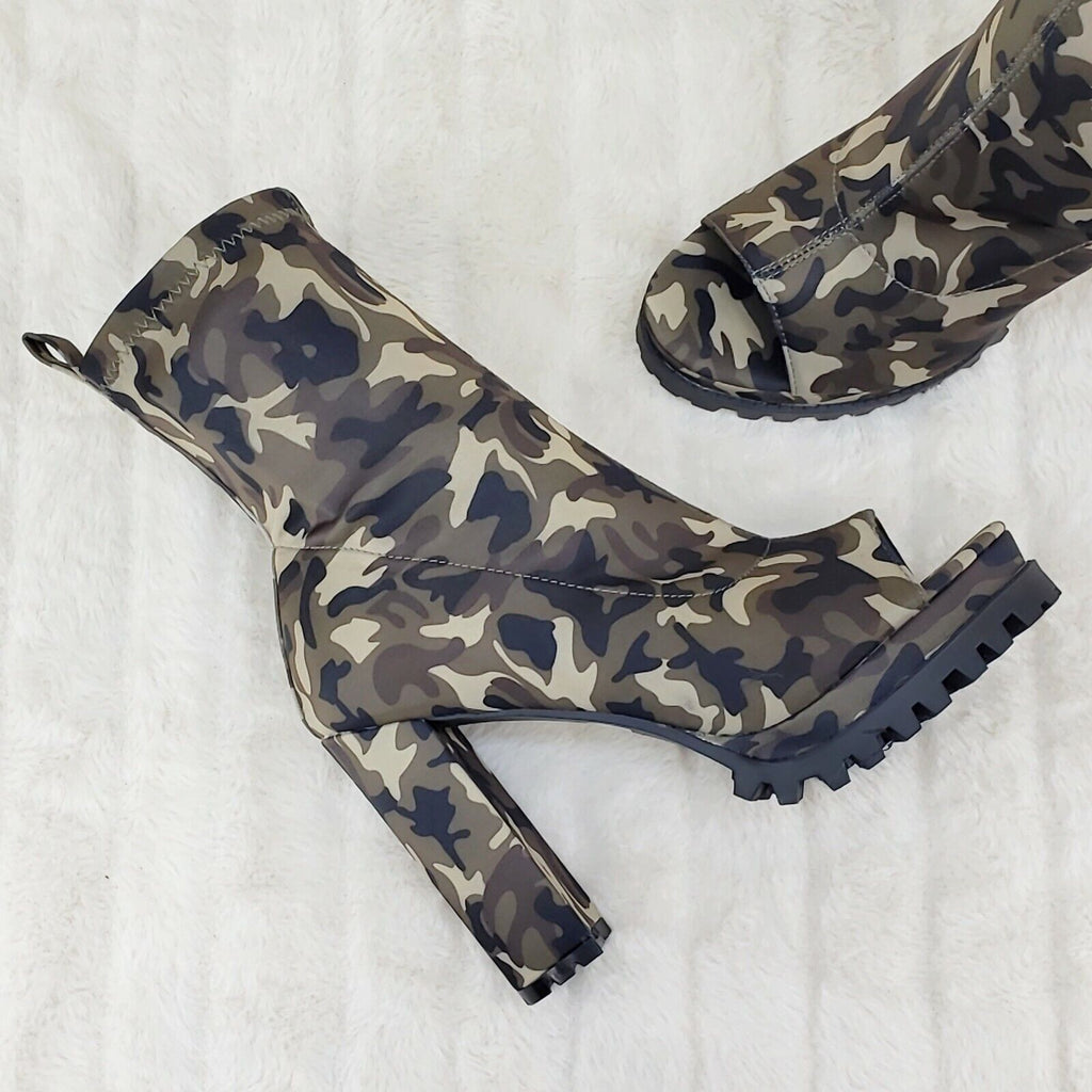 Natalie Camo Print Chunky Heel Stretch Open Toe Lug Sole Ankle Boots - Totally Wicked Footwear