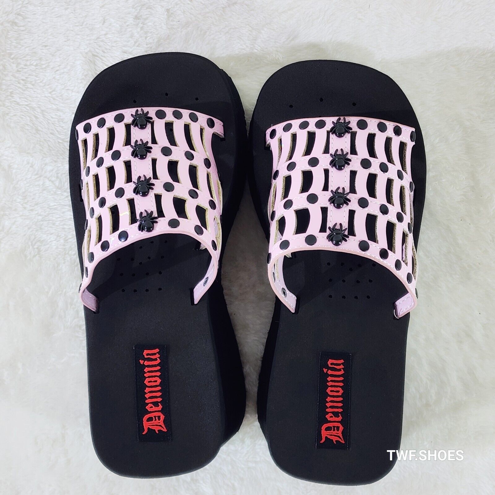 Funn Platform Goth Cut Out Web Sandals Spider Studs Slip On Shoes Pink Hologram - Totally Wicked Footwear