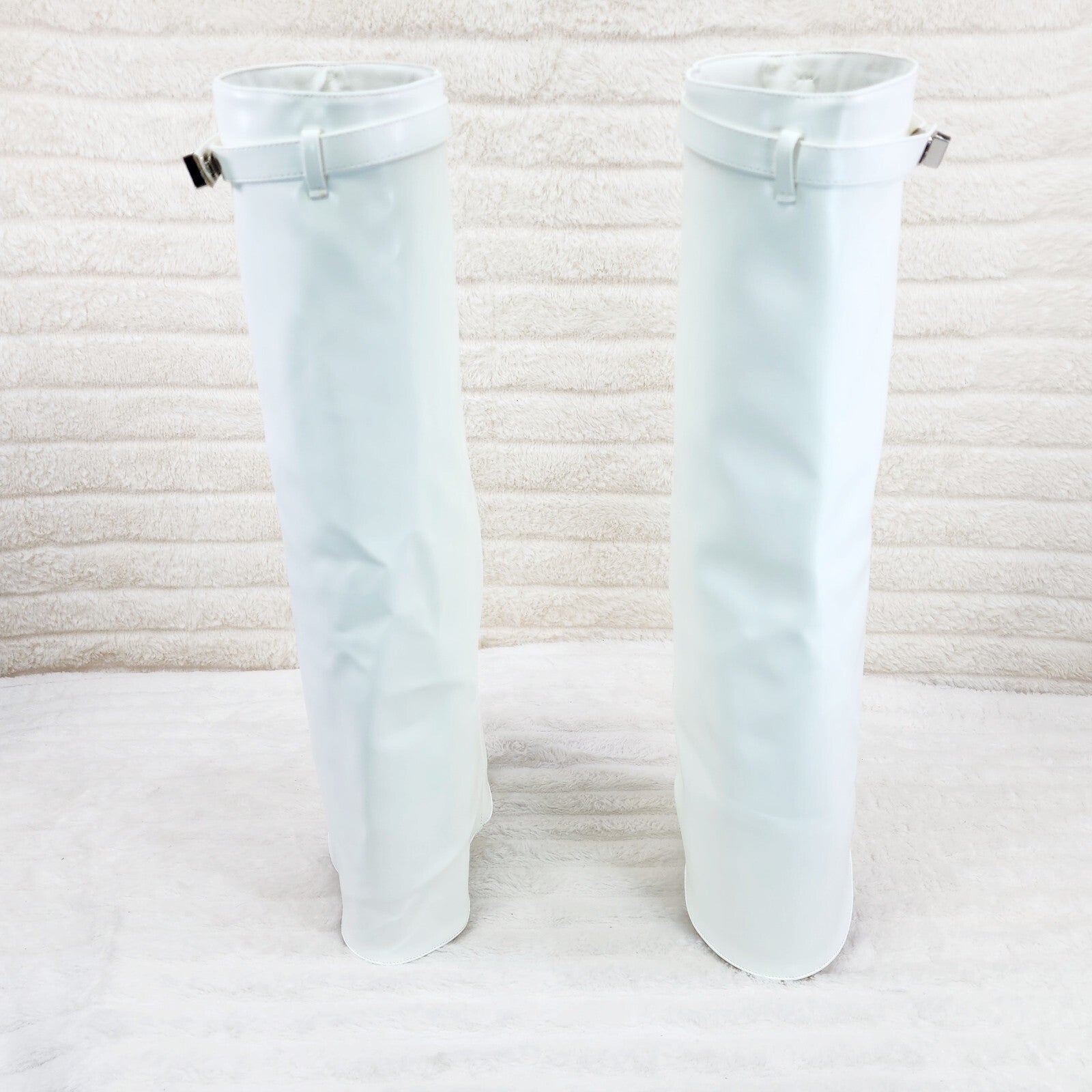 Paris White Skirted Fold Over 3.5" Block Heel Knee High Boots