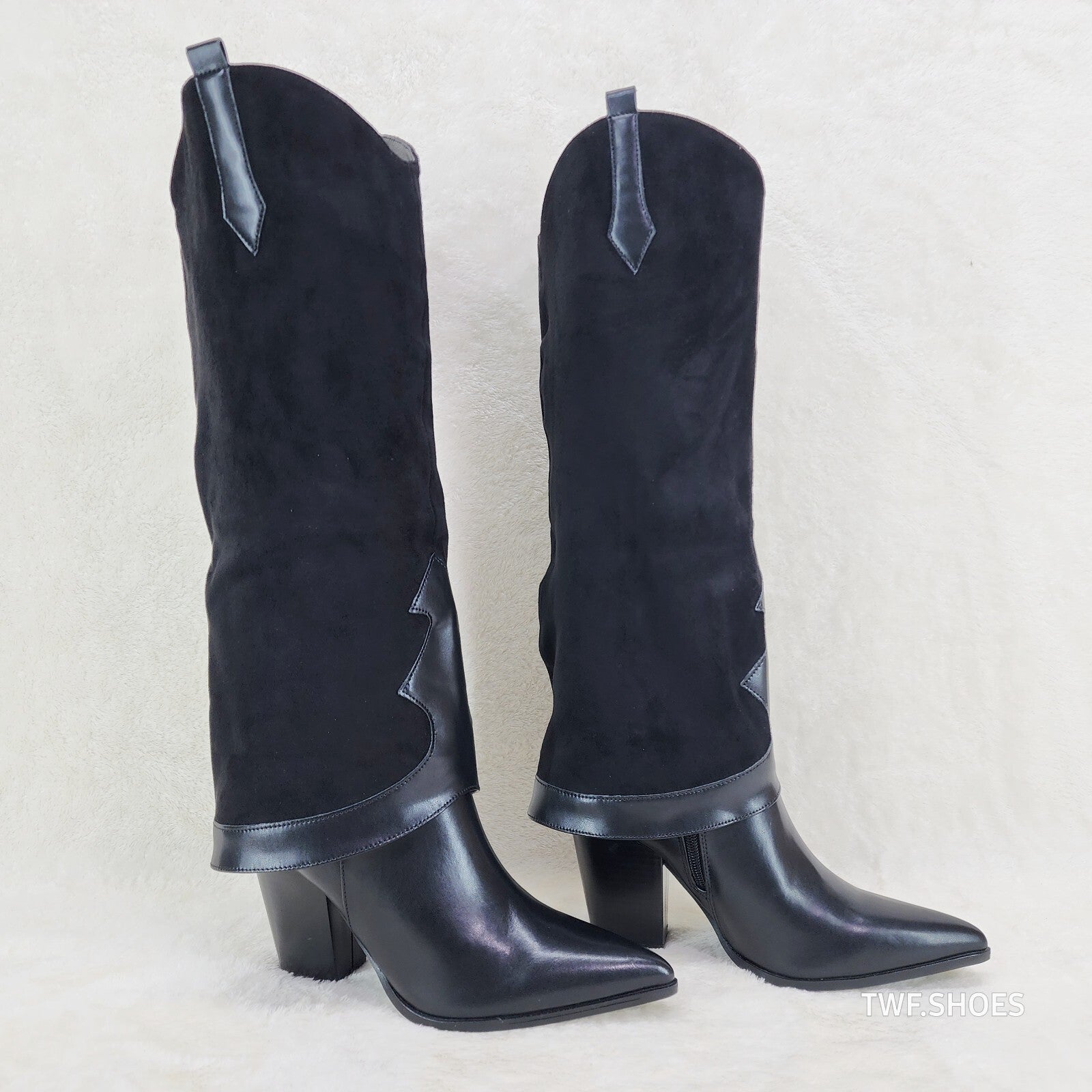 Branded Black Skirted Fold Over Western Knee High Cowgirl Boots