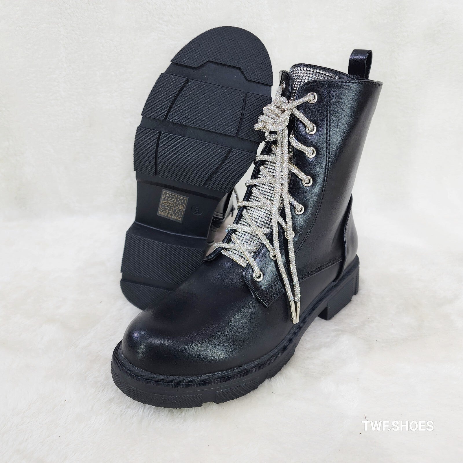 Rylee Black Combat Ankle Boots Iridescent Rhinestone Tongue & Rope Laces