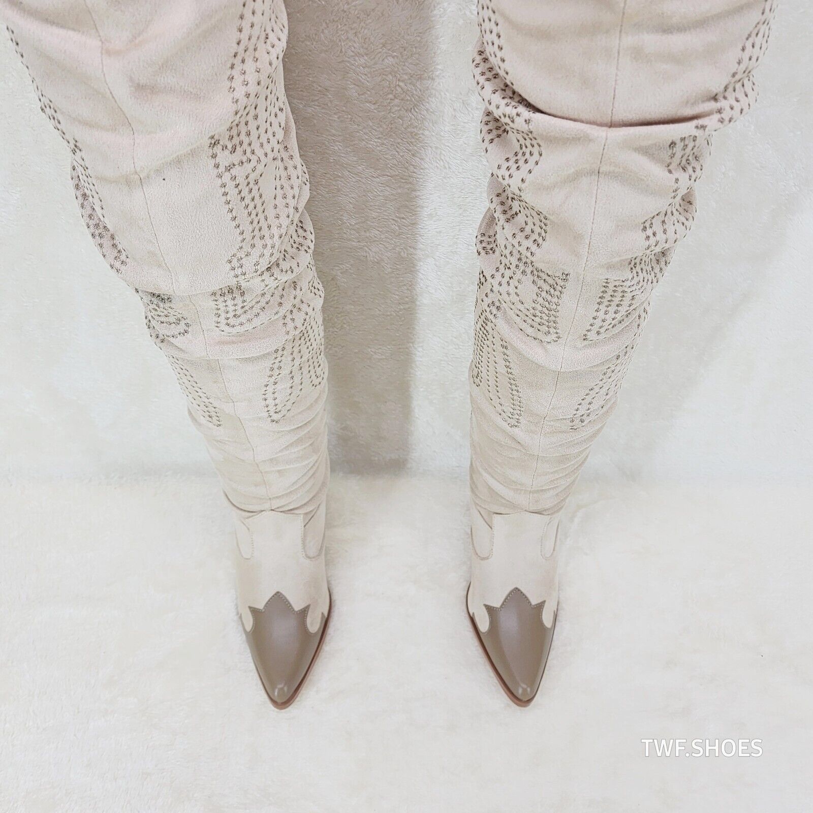 Iconic Country Western Thigh high Cowgirl Boots Cream Taupe Trim - Totally Wicked Footwear