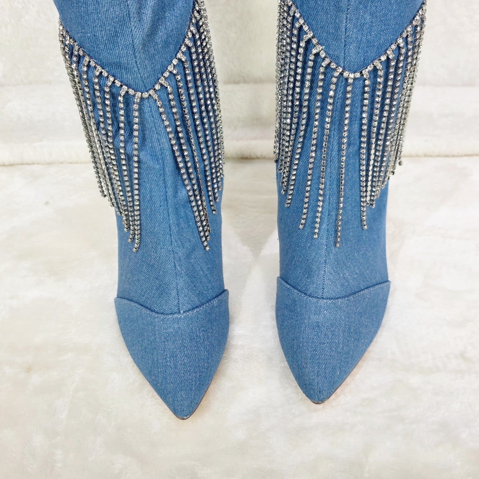 Sway Denim Knee High Boots Stiletto Heels Icicle Fringe