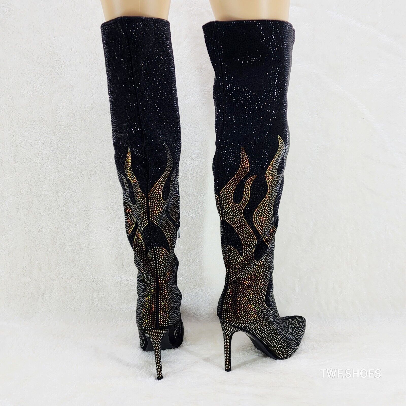 Fiery Desire Black & Gold Rhinestone Flame Detail Sexy OTK Thigh Boots - Totally Wicked Footwear