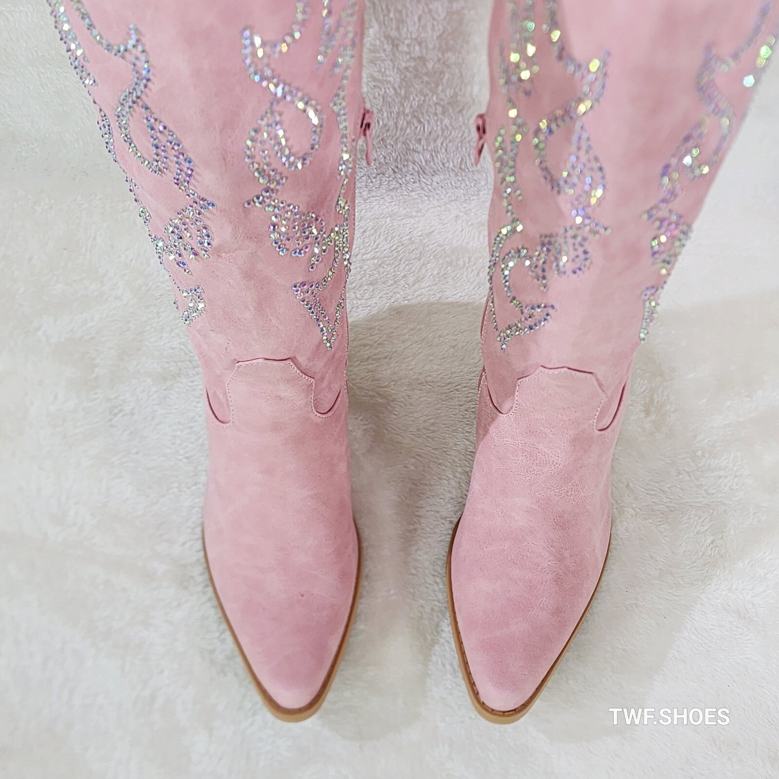 Ann Pink Leatherette With Rhinestones Country Glam Western Cowgirl Knee Boots
