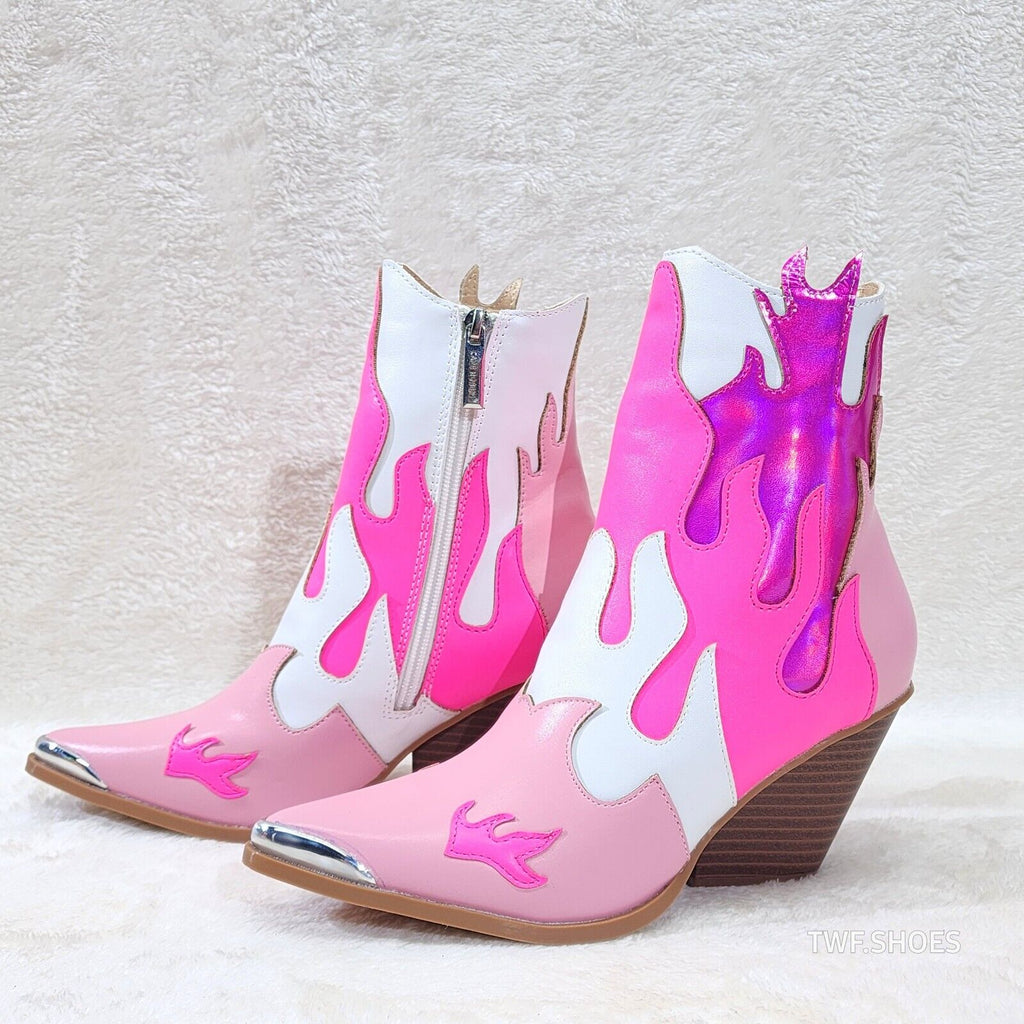 Western Flame Cowgirl Ankle Boots Pink Fire Color Block Country Rock - Totally Wicked Footwear