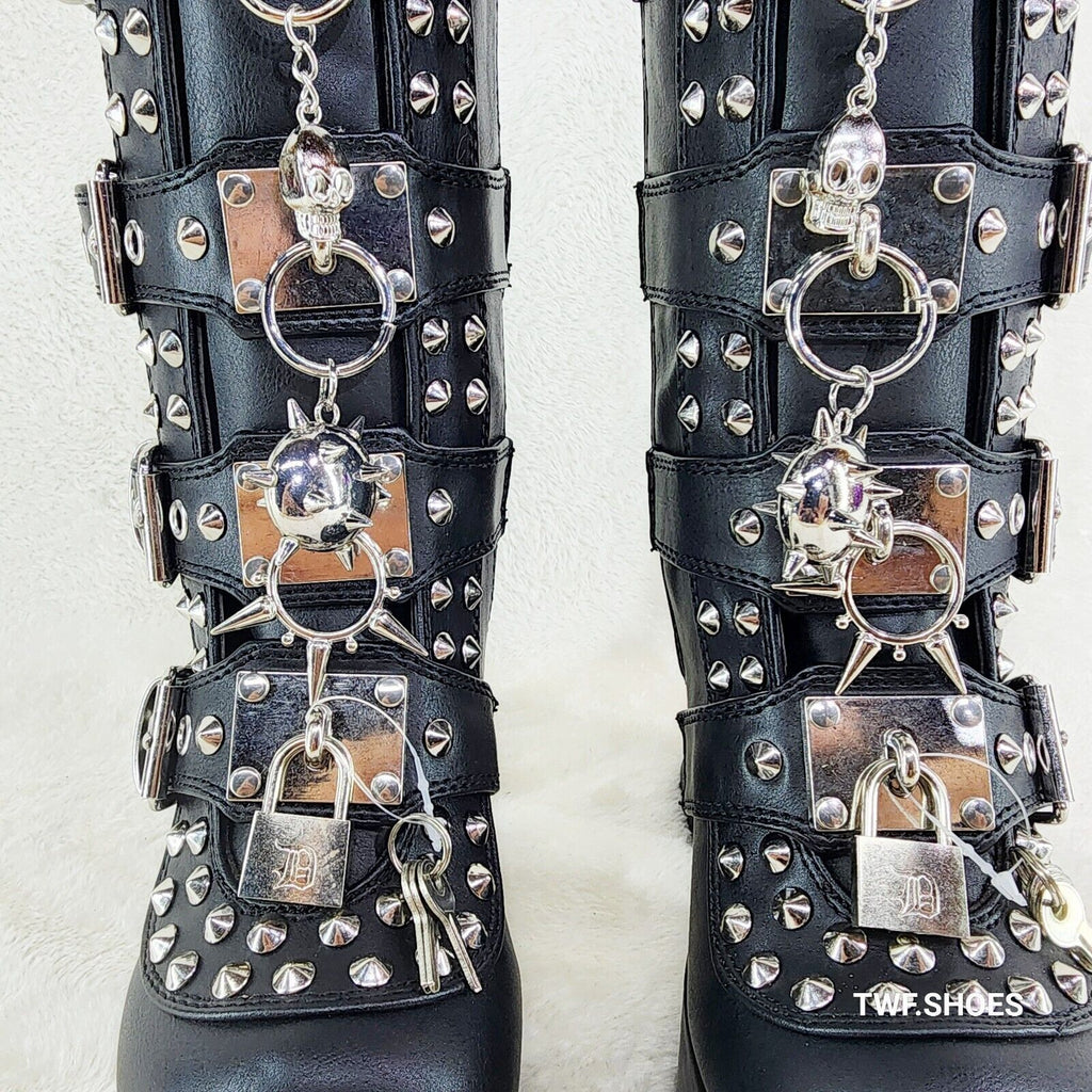 Charade 118 Mace Charms Platform Chunky Heel Goth Mid Calf Boot IN HOUSE DEMONIA