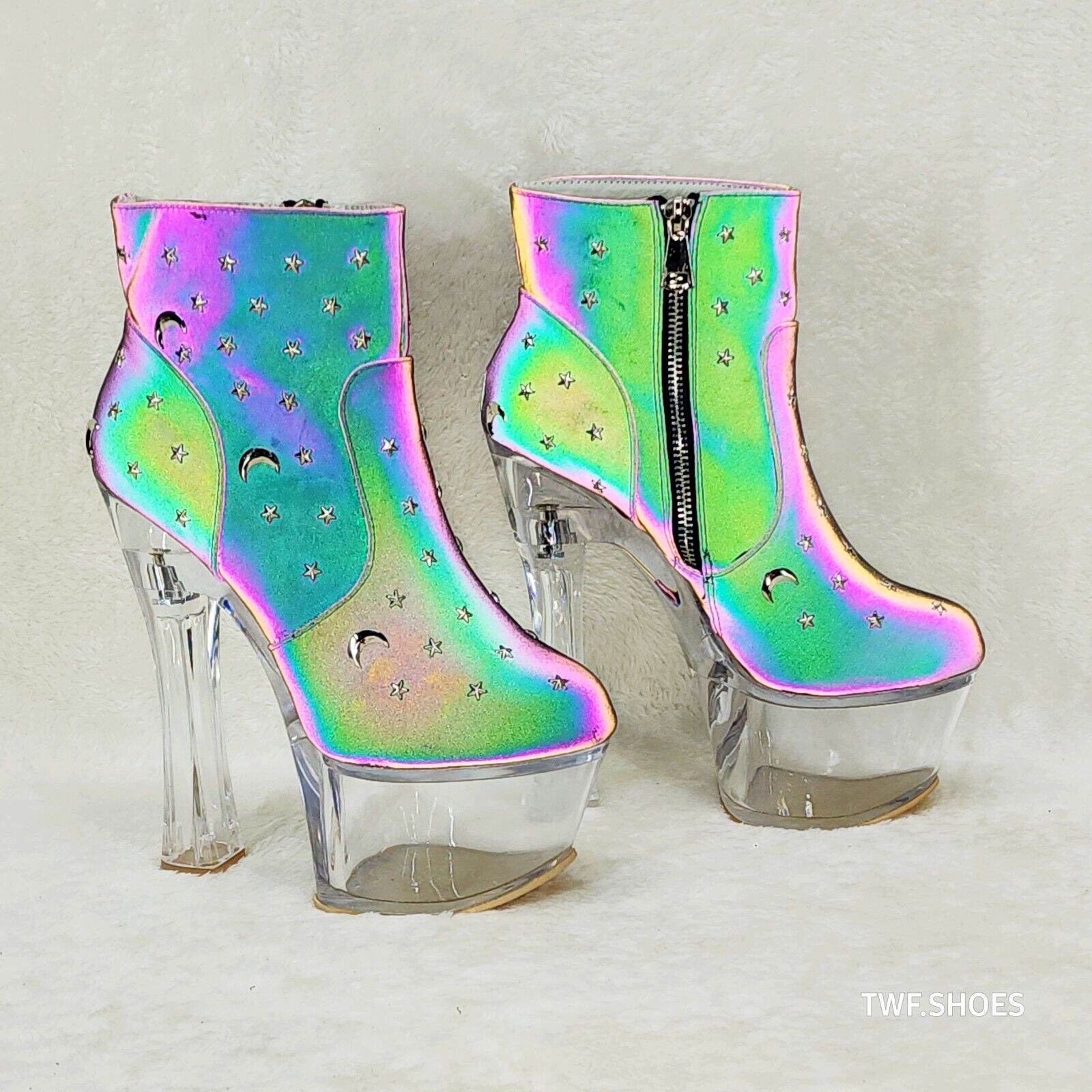 Ocho Purple Multi Reflective Ankle Boots Clear Platform & Chunky Heels Moon Star - Totally Wicked Footwear